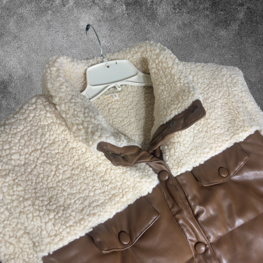 Womens Large Brown Faux Leather Sherpa Puffer Vest Cream Western Outdoorsy